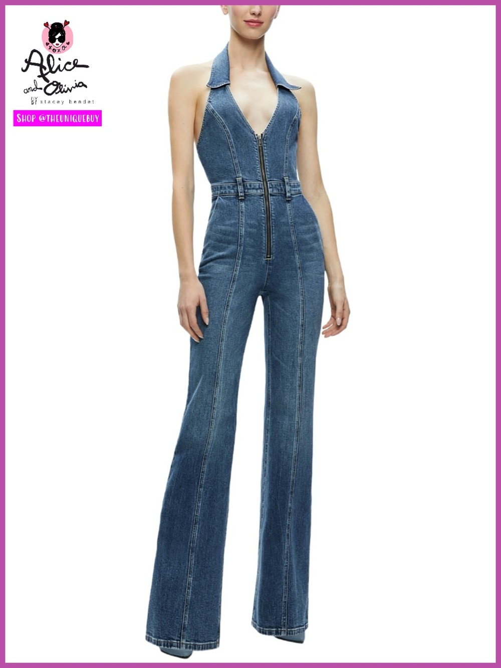 Alice + Olivia Noemi Gorgeous Halter Neck Blue Denim Jumpsuit